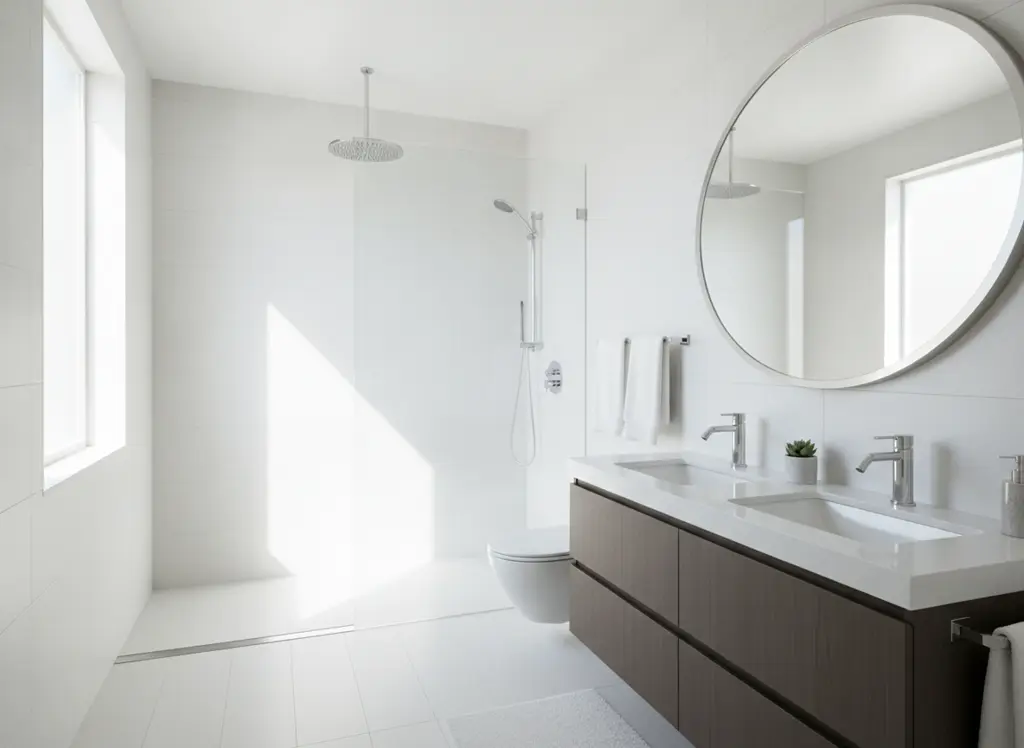 Modern renovated bathroom with new chrome fixtures and rainfall shower