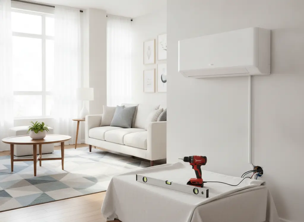 Ductless mini-split unit installed high on a living room wall